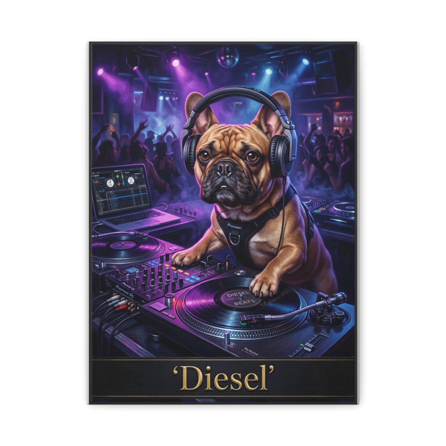 DJ French Bulldog Canvas Print "Diesel" — Vinyl Turntable Music Wall Art