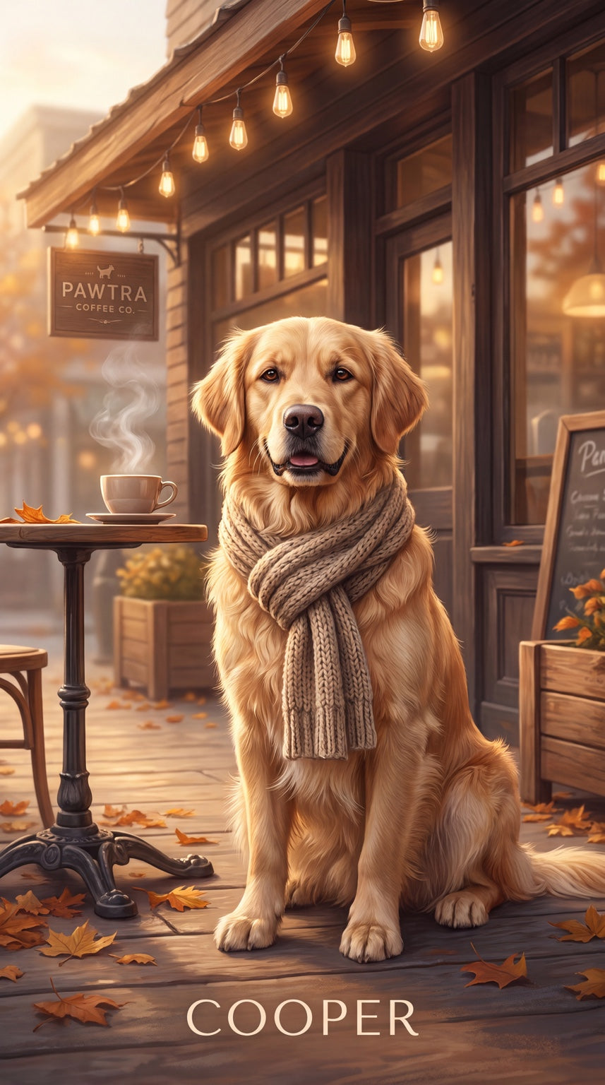 Cozy coffee golden retriever custom canvas portrait