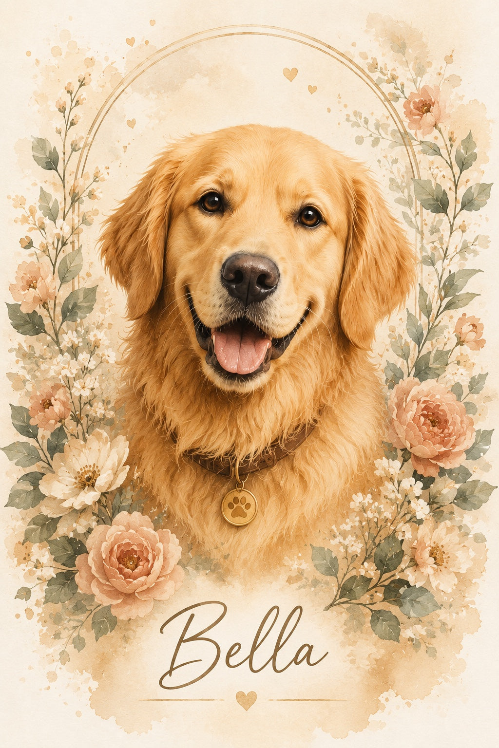 Floral golden dog custom canvas portrait