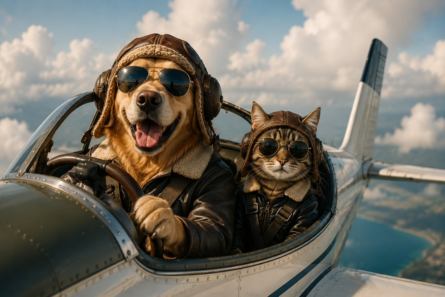 A dog and cat flying a vintage airplane for a custom pet portrait concept