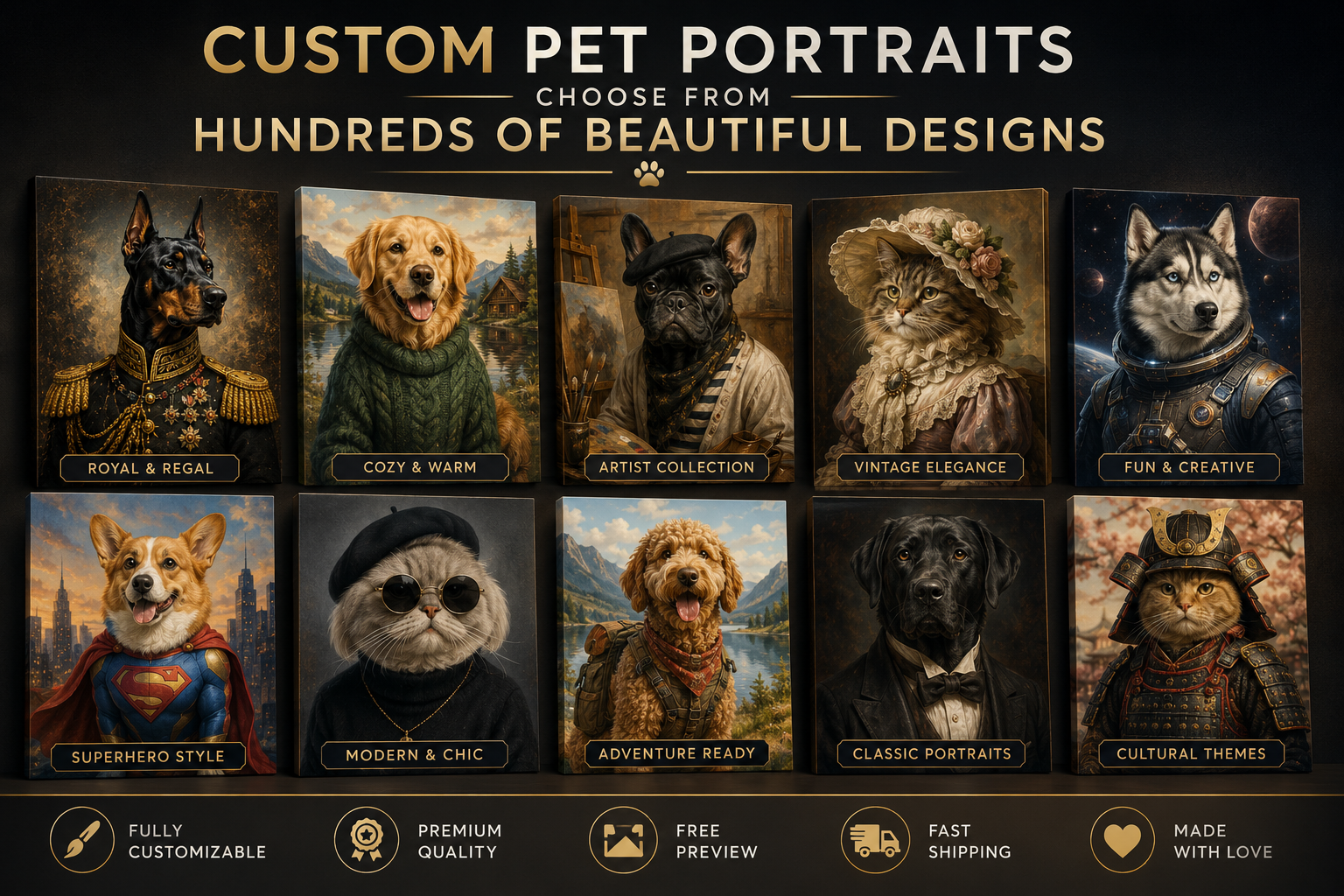 Custom pet portrait design collection featuring dogs and cats in multiple artistic styles