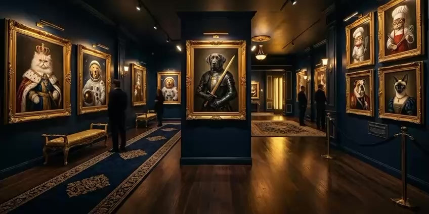 Videoyu yükle: Cinematic pet portrait gallery featuring dogs and cats as knights, kings and astronauts — Pawtra custom wall art.